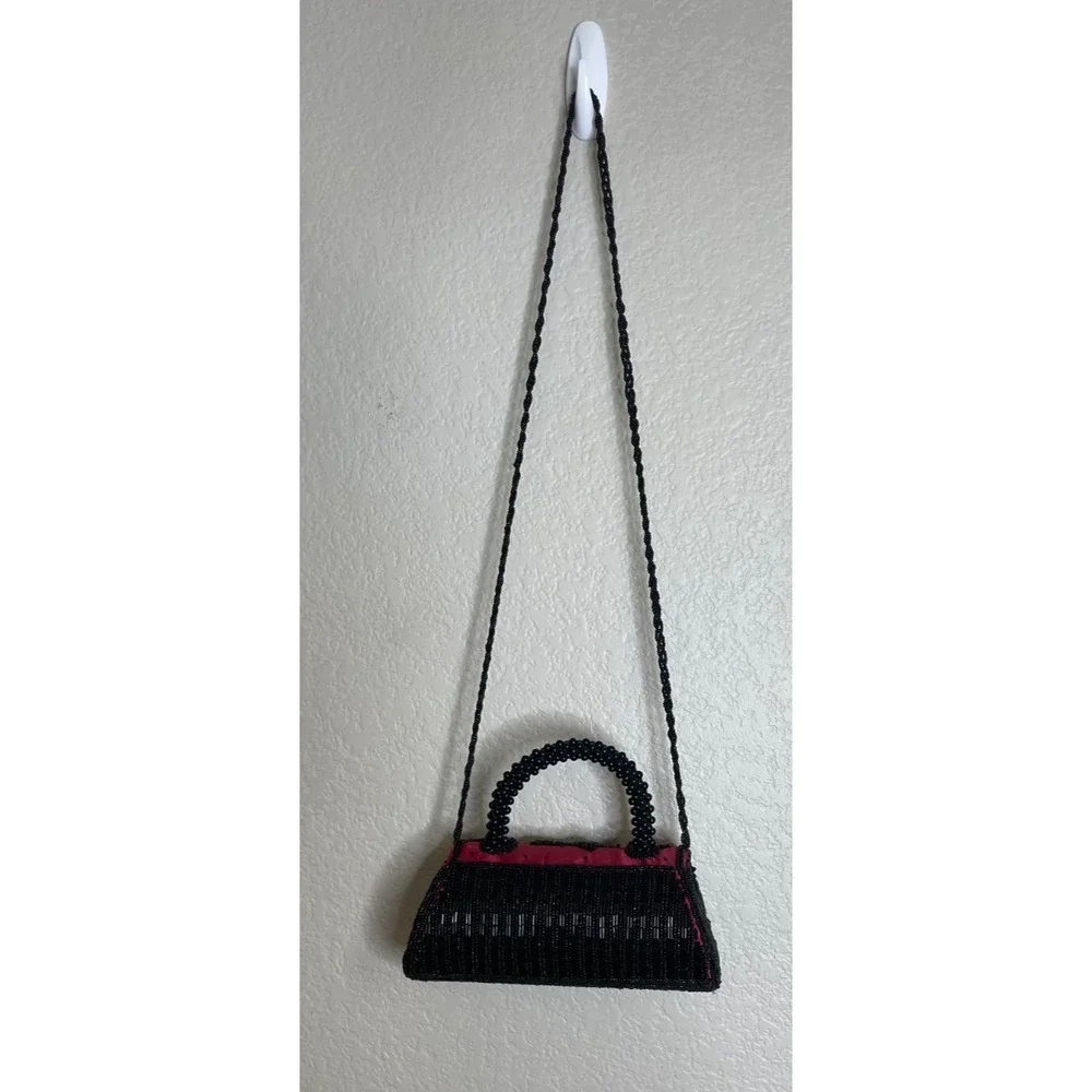 Vintage Glass Beaded Red Black Floral Crossbody Purse‎ Bag Clutch Party Cruise